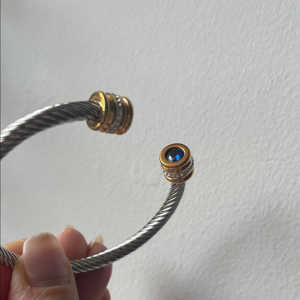Gold-Accent Silver Cable Cuff Bracelet with Blue Stone